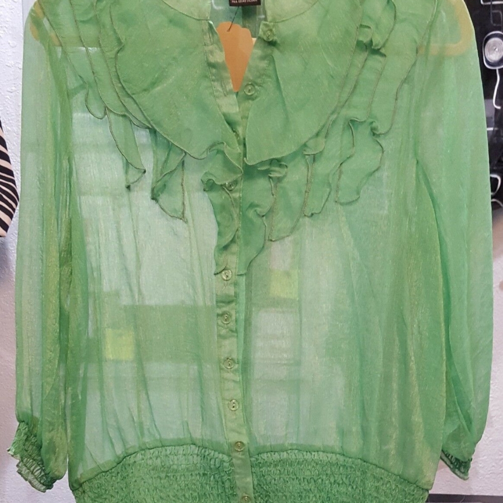 Green shimmer sheer button ruffle blouse 3/4 slv